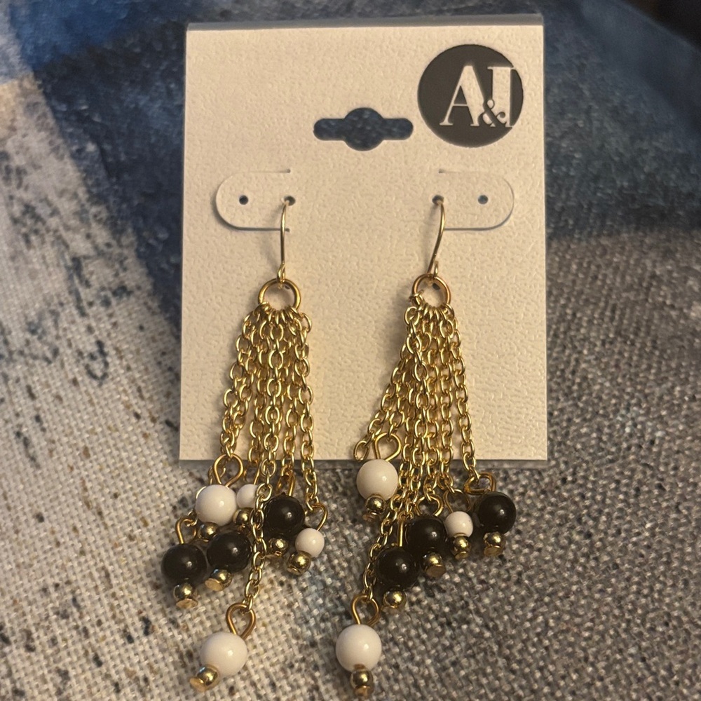 A&J Gold-Tone Chain Tassel Earrings with Black and White Beads